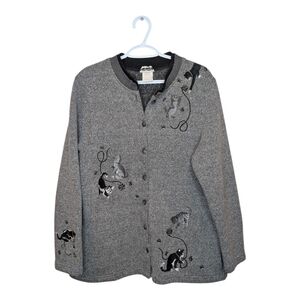 Vintage Bon Worth Woman Large Grandma Cat Embroidered Button Down Cardigan Grey